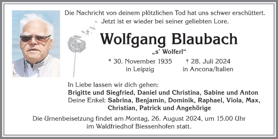 Traueranzeige von Wolfgang Blaubach von Allgäuer Zeitung, Kaufbeuren/Buchloe
