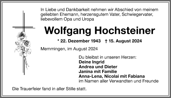 Traueranzeige von Wolfgang Hochsteiner von Memminger Zeitung