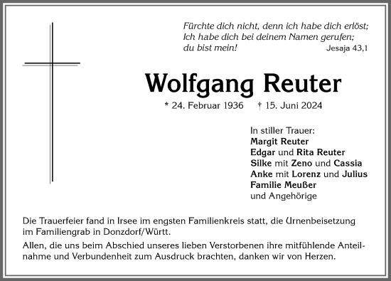 Traueranzeige von Wolfgang Reuter von Allgäuer Zeitung, Kaufbeuren/Buchloe