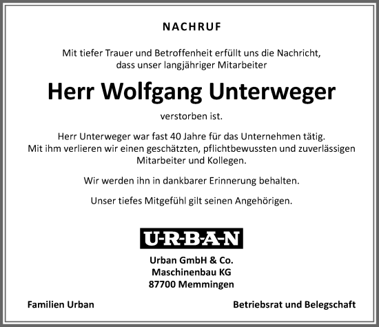 Traueranzeige von Wolfgang Unterweger von Memminger Zeitung