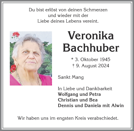 Traueranzeige von Veronika Bachhuber von Allgäuer Zeitung,Kempten