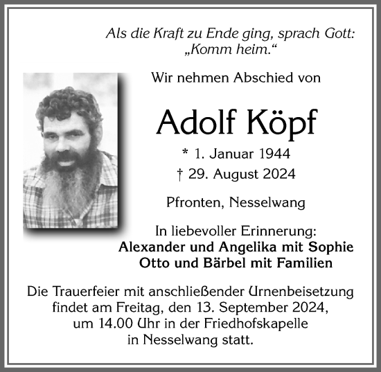 Traueranzeige von Adolf Köpf von Allgäuer Zeitung, Füssen