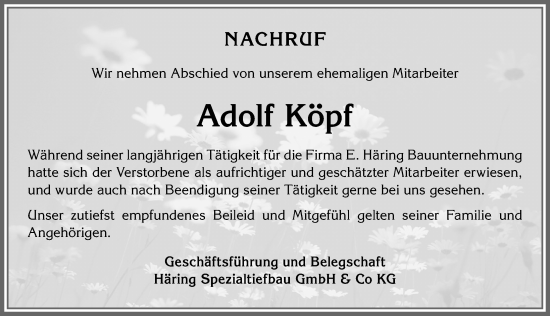 Traueranzeige von Adolf Köpf von Allgäuer Zeitung, Füssen