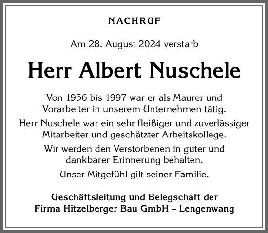 Traueranzeige von Albert Nuschele von Allgäuer Zeitung, Füssen