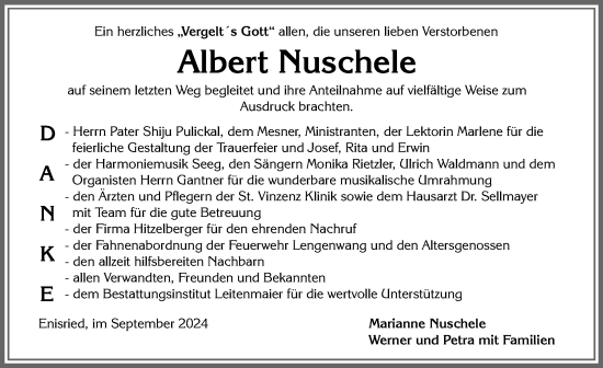 Traueranzeige von Albert Nuschele von Allgäuer Zeitung, Marktoberdorf