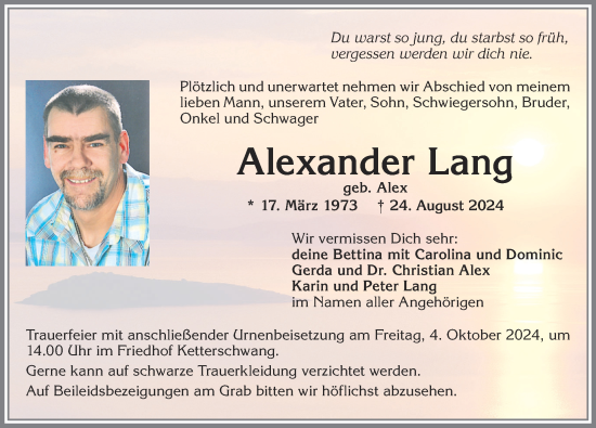 Traueranzeige von Alexander Lang von Allgäuer Zeitung, Kaufbeuren/Buchloe