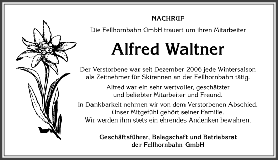 Traueranzeige von Alfred Waltner von Allgäuer Anzeigeblatt