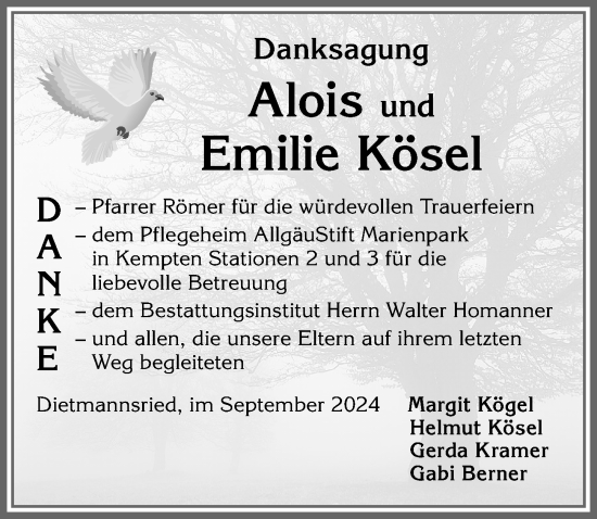 Traueranzeige von Alois Kösel von Allgäuer Zeitung,Kempten