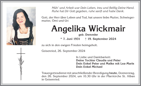 Traueranzeige von Angelika Wickmair von Allgäuer Zeitung, Marktoberdorf