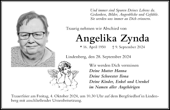 Traueranzeige von Angelika Zynda von Der Westallgäuer