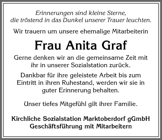 Traueranzeige von Anita Graf von Allgäuer Zeitung, Marktoberdorf