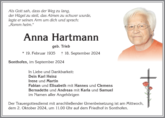 Traueranzeige von Anna Hartmann von Allgäuer Zeitung,Kempten