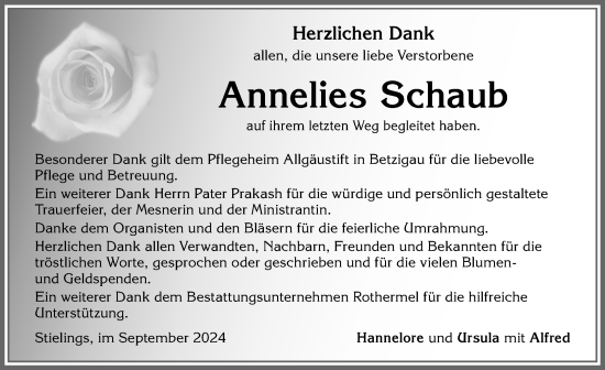 Traueranzeige von Annelies Schaub von Allgäuer Zeitung,Kempten