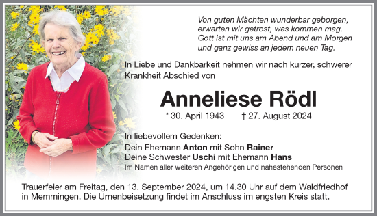 Traueranzeige von Anneliese Rödl von Memminger Zeitung