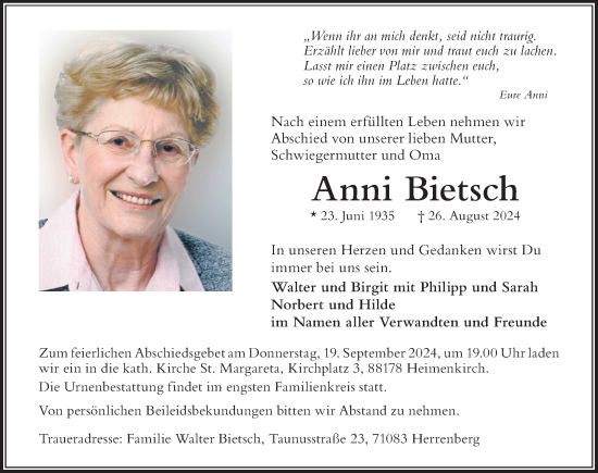 Traueranzeige von Anni Bietsch von Der Westallgäuer