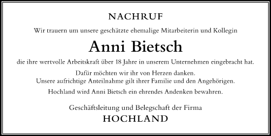 Traueranzeige von Anni Bietsch von Der Westallgäuer