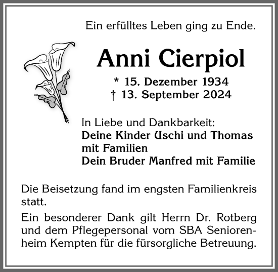 Traueranzeige von Anni Cierpiol von Allgäuer Zeitung,Kempten
