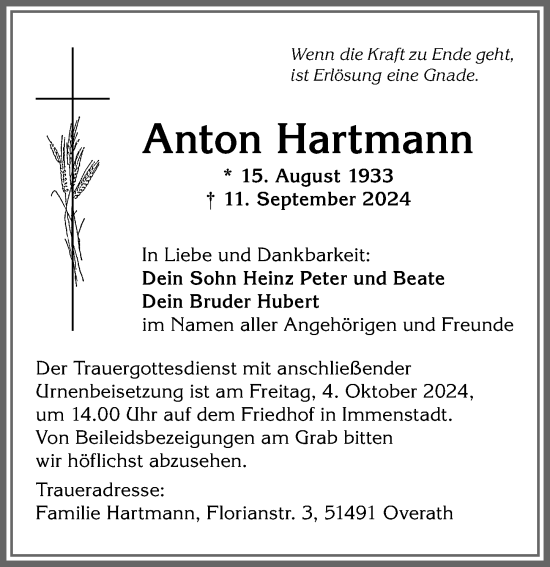 Traueranzeige von Anton Hartmann von Allgäuer Anzeigeblatt