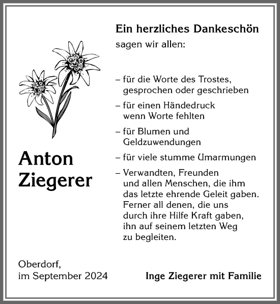 Traueranzeige von Anton Ziegerer von Allgäuer Anzeigeblatt