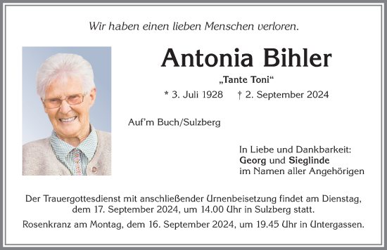 Traueranzeige von Antonia Bihler von Allgäuer Zeitung,Kempten