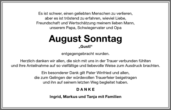 Traueranzeige von August Sonntag von Memminger Zeitung