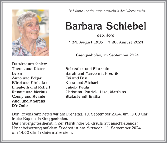 Traueranzeige von Barbara Schiebel von Allgäuer Anzeigeblatt