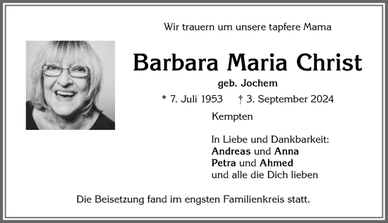 Traueranzeige von Barbara Maria Christ von Allgäuer Anzeigeblatt