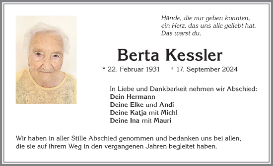Traueranzeige von Berta Kessler von Allgäuer Zeitung,Kempten