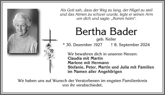 Traueranzeige von Bertha Bader von Allgäuer Zeitung, Füssen