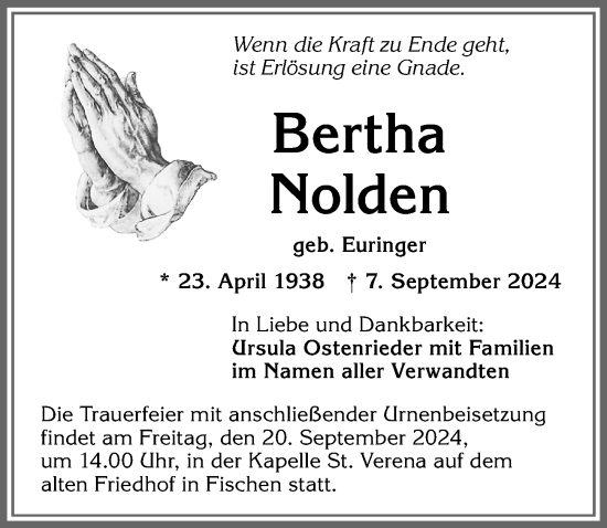 Traueranzeige von Bertha Nolden von Allgäuer Anzeigeblatt