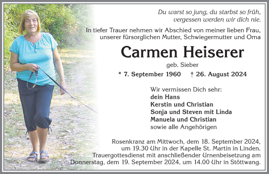 Traueranzeige von Carmen Heiserer von Allgäuer Zeitung, Kaufbeuren/Buchloe