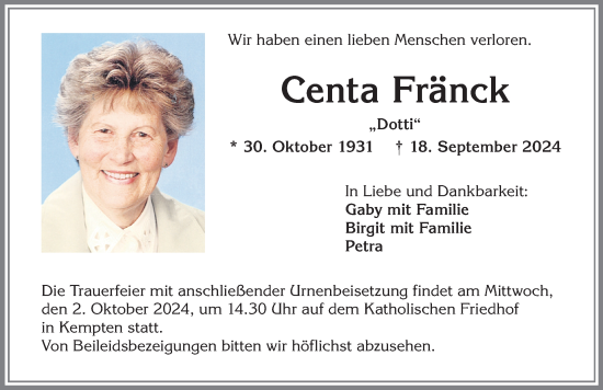 Traueranzeige von Centa Fränck von Allgäuer Zeitung,Kempten