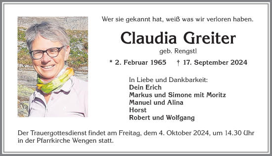 Traueranzeige von Claudia Greiter von Allgäuer Zeitung,Kempten
