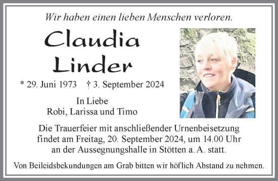 Traueranzeige von Claudia Linder von Allgäuer Zeitung, Marktoberdorf