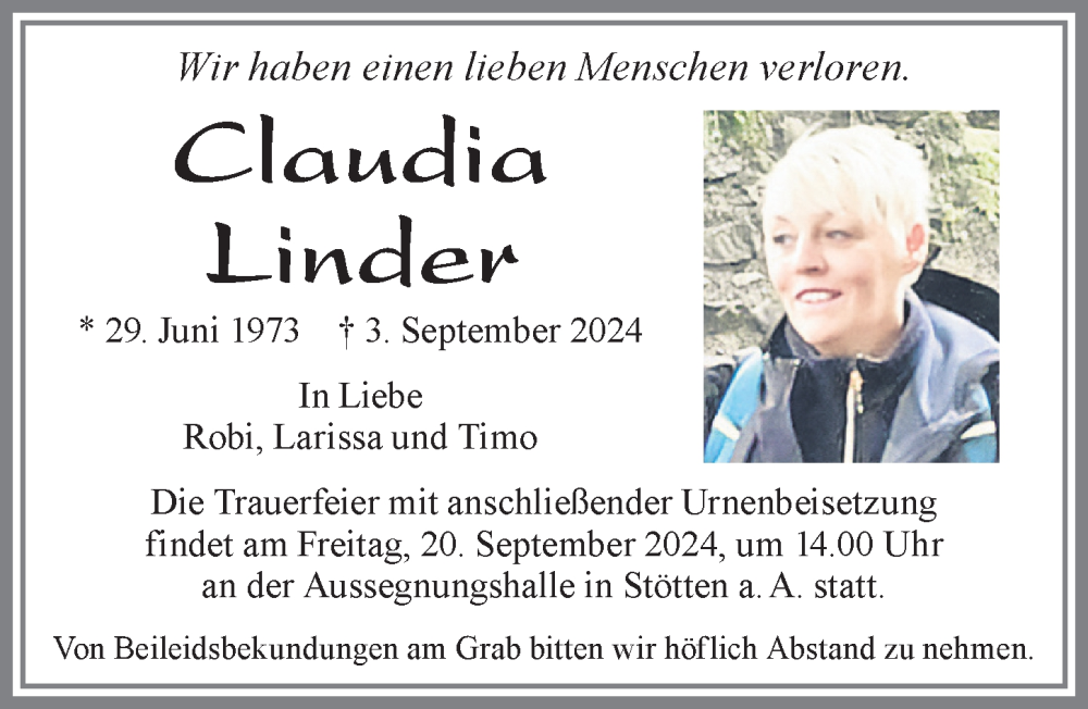  Traueranzeige für Claudia Linder vom 18.09.2024 aus Allgäuer Zeitung, Marktoberdorf