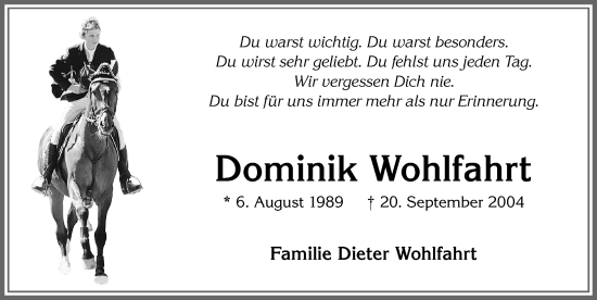 Traueranzeige von Dominik Wohlfahrt von Allgäuer Zeitung,Kempten