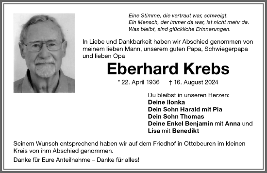 Traueranzeige von Eberhard Krebs von Memminger Zeitung