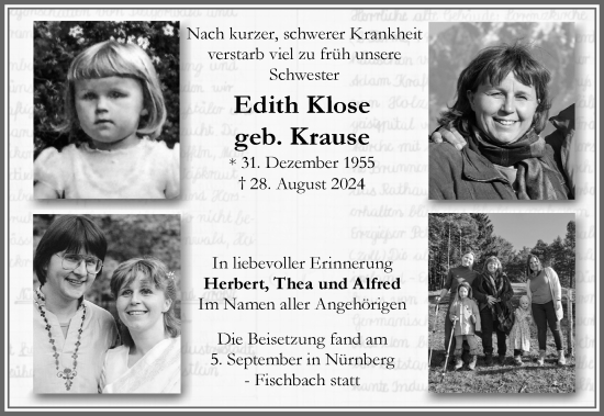 Traueranzeige von Edith Klose von Allgäuer Zeitung, Marktoberdorf