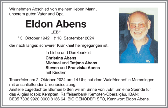 Traueranzeige von Eldon Abens von Memminger Zeitung