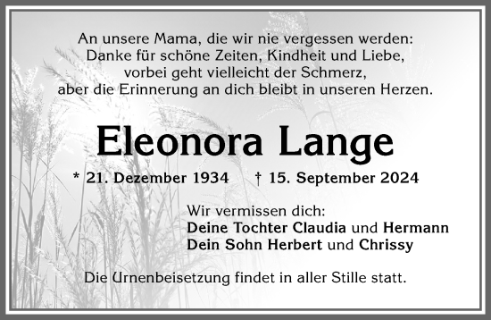 Traueranzeige von Eleonora Lange von Allgäuer Zeitung, Kaufbeuren/Buchloe