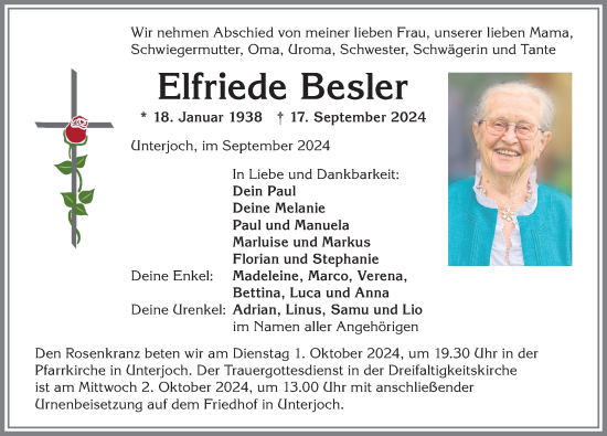 Traueranzeige von Elfriede Besler von Allgäuer Anzeigeblatt