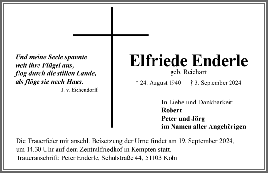 Traueranzeige von Elfriede Enderle von Allgäuer Zeitung,Kempten