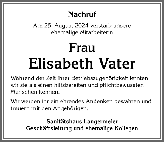 Traueranzeige von Elisabeth Vater von Allgäuer Zeitung, Kaufbeuren/Buchloe