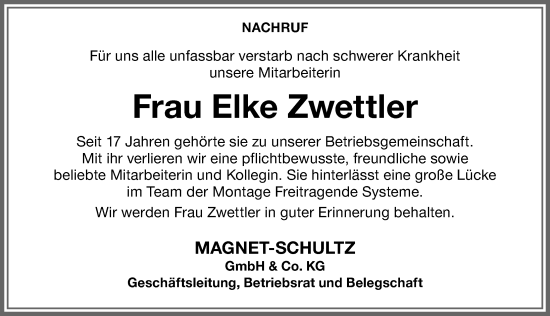 Traueranzeige von Elke Zwettler von Memminger Zeitung