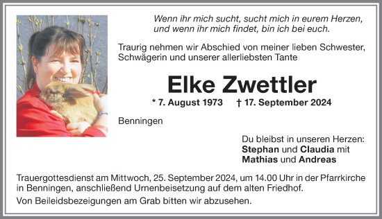 Traueranzeige von Elke Zwettler von Memminger Zeitung