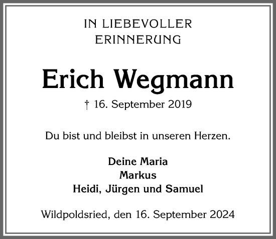 Traueranzeige von Erich Wegmann von Allgäuer Zeitung,Kempten