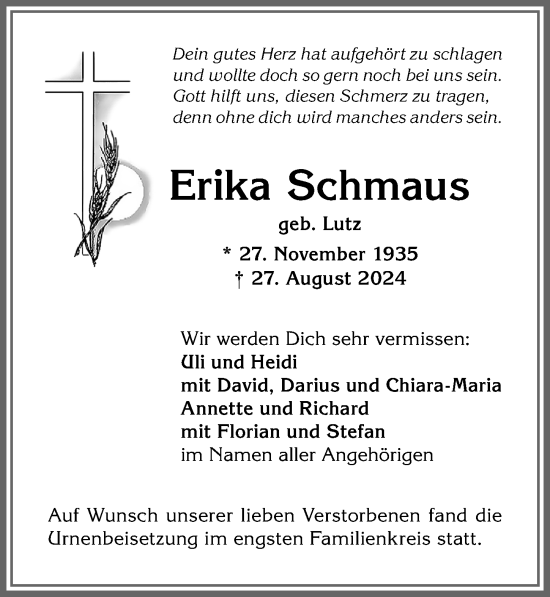 Traueranzeige von Erika Schmaus von Allgäuer Anzeigeblatt