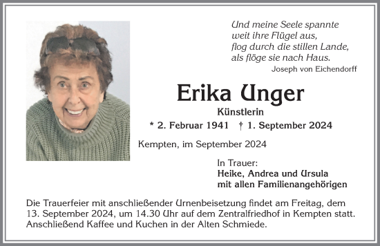 Traueranzeige von Erika Unger von Allgäuer Zeitung,Kempten