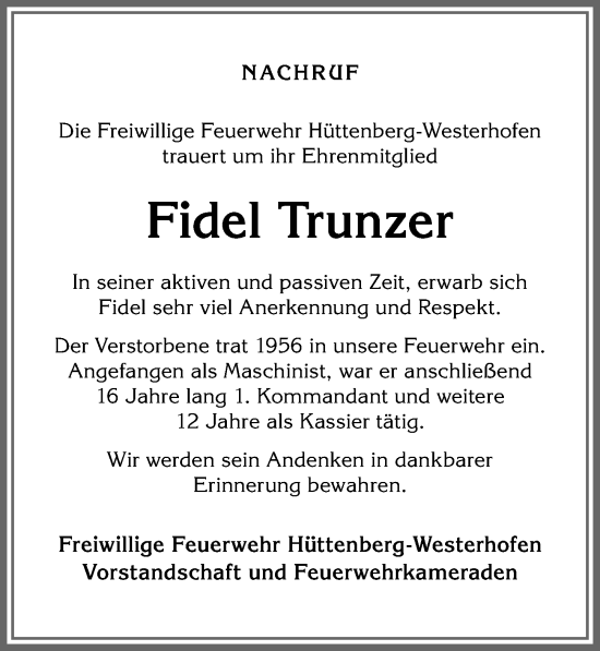 Traueranzeige von Fidel Trunzer von Allgäuer Anzeigeblatt