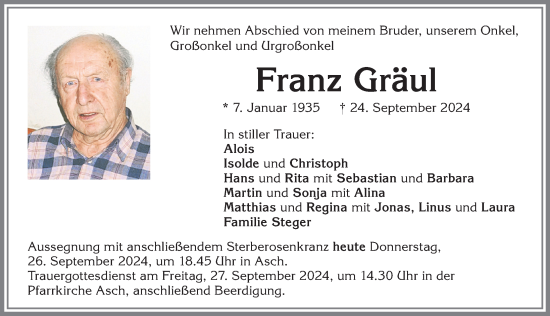 Traueranzeige von Franz Gräul von Landsberger Tagblatt, Augsburger Allgemeine